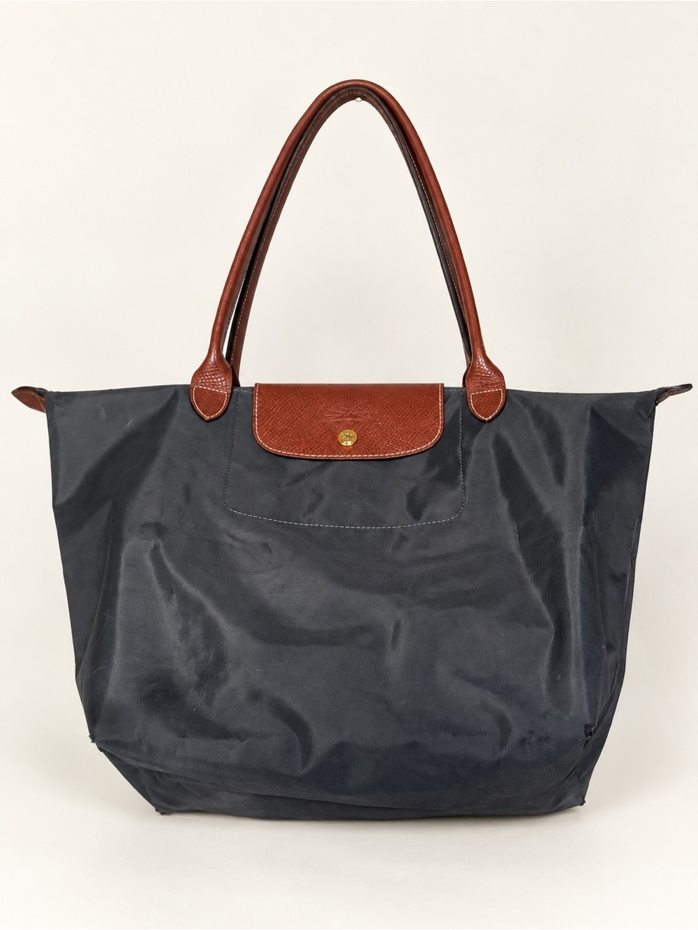 Longchamp Le Pliage Large L Shoulder Tote Dark Gray Brown Leather
